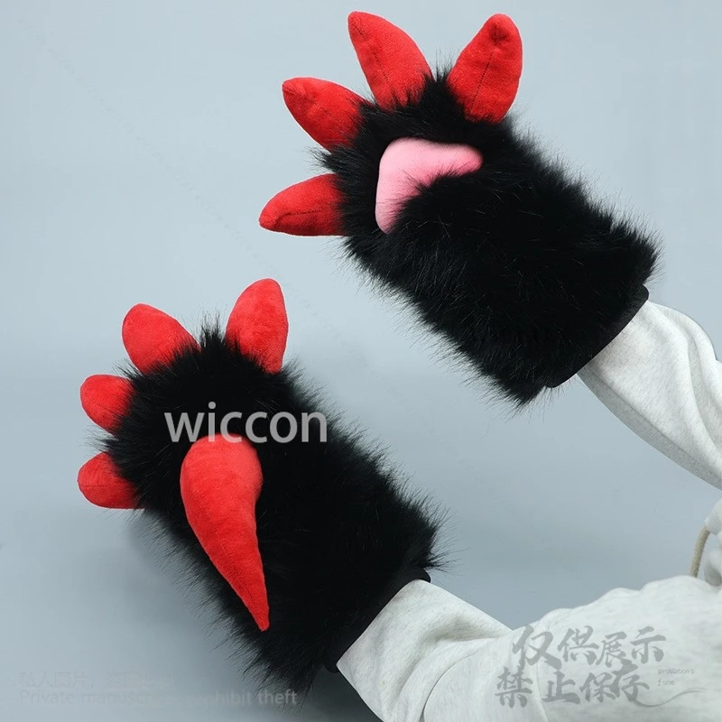 التنين مخلب باو كيغ فروي Fursuit قفازات لطيف كاواي أحمر أسود أبيض فرو الدعامة فتاة المرأة رجل هالوين البدلة تأثيري مخصصة