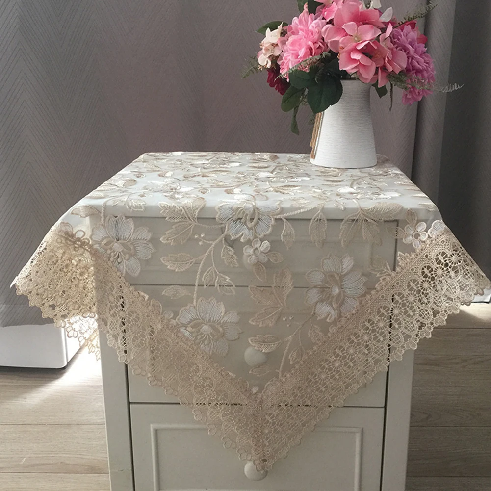 Floral Lace Tablecloth with Embroidered 3D Motifs and Crochet Macrame Border for Cafes Catering and Small Eateries