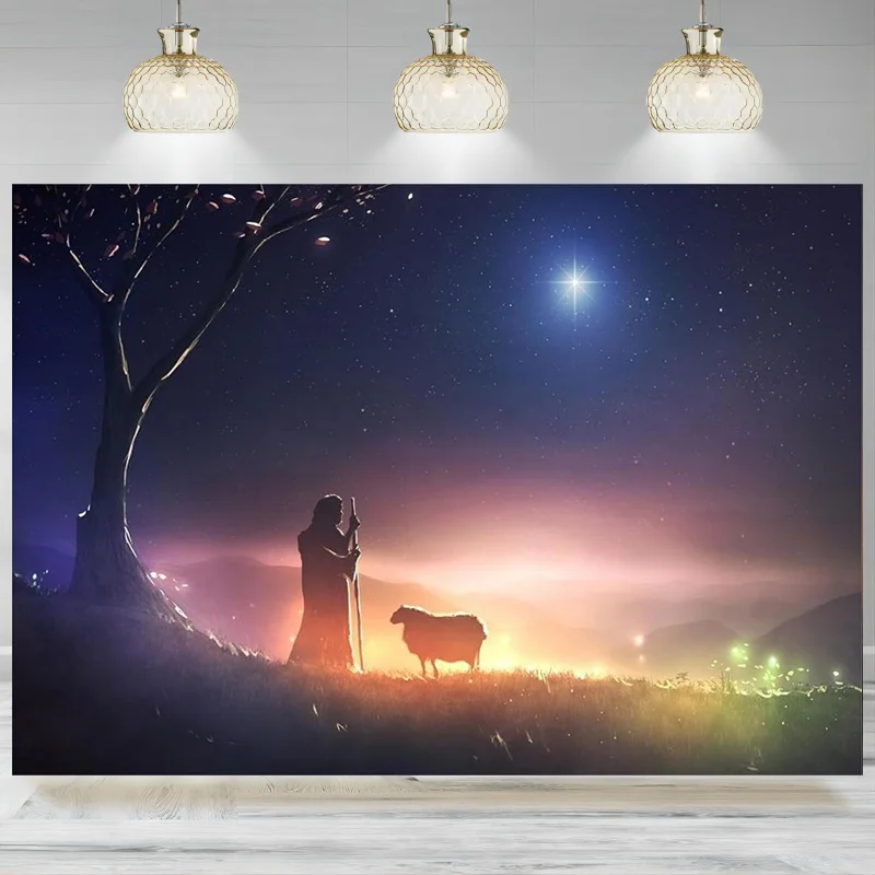 Fondo de cielo estrellado azul de estrella de Navidad Santa, Belén de Natividad, nacimiento de Jesús, cartel fotográfico de Iglesia religiosa cristiana