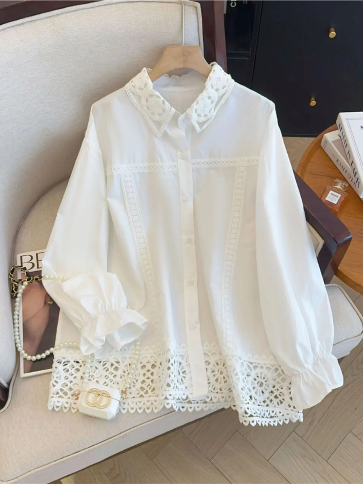 

Fashion Lace Long Sleeved Shirt For Spring And Autumn 2025 New White Loose Fitting Shirt Top For Women