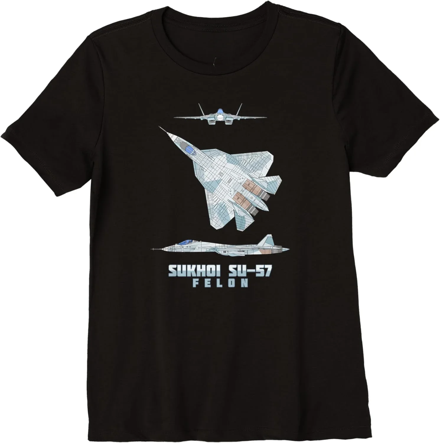 Sukhoi Su-57 Russian Stealth Fighter Plane Diagram Premium T-Shirt O-neck Tee Retro Style Custom Printed Women Men Summer Shirt