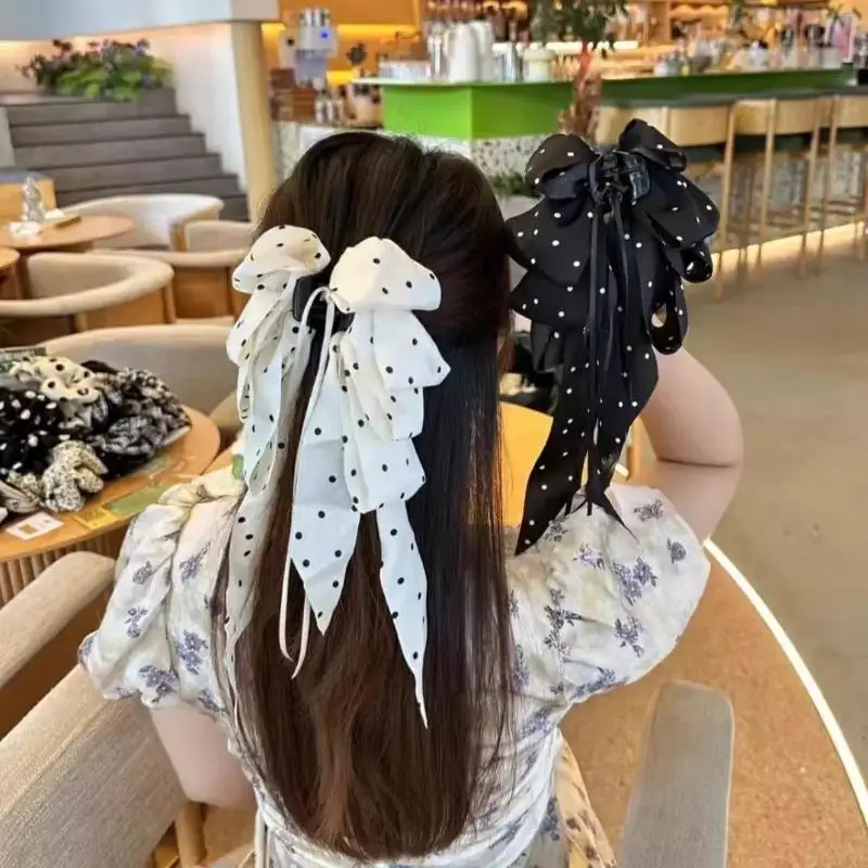 Haarklammern mit gepunkteter Schleife und langem Band, elegantes Design, 2 Farboptionen für den täglichen Gebrauch, Partys, Hochzeiten, Verabredungen – Detail 2