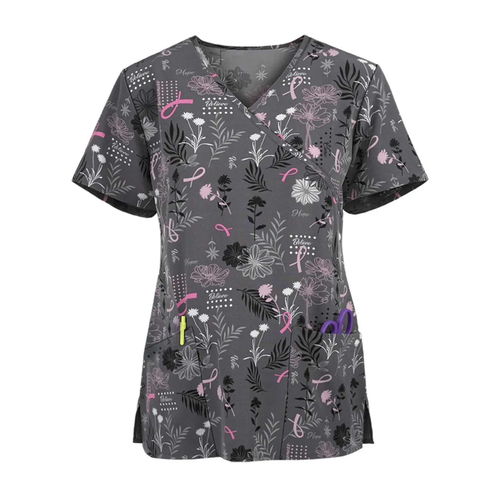 

2024 New Women's Printed Pullover Nurse Uniform Short Sleeve Fashion Casual Slim Top Spring and Summer