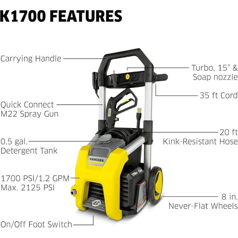 Kärcher Pressure Washer, Detergent Tank, Start/Stop Foot Switch, Onboard Storage Container, 3 Spray Nozzles, 1.46 GPM Max