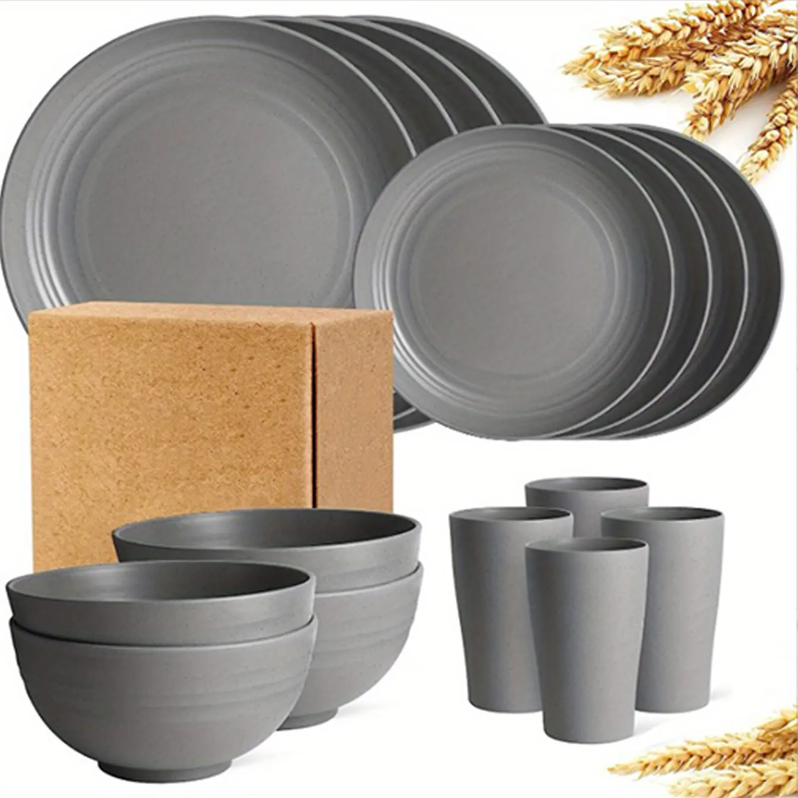 

16Pcs Dinnerware Set Wheat Straw Eco Friendly BPA Free Biodegradable Unbreakable Dinner Plate Set for BBQ Wedding Camping