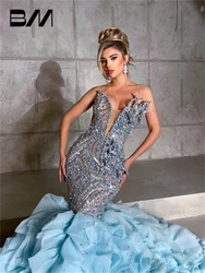 Exaggerate Beaded Blue Evening Dress Strapless Tulle Ruffles Fit and Flare Embroidery Prom Dresses Custom Made Party Gown