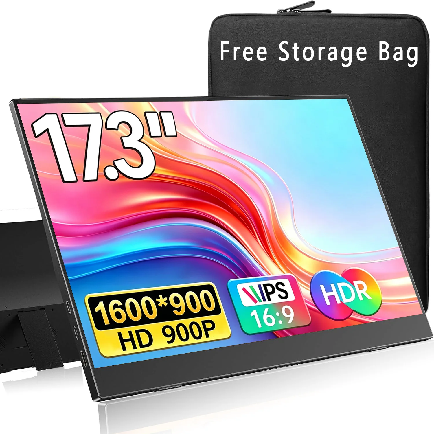 AHXJKA 17.3 Inch Portable Monitor HD 1600x900 IPS 72%sRGB 16:9 Type-C Mini HDMI Plug Play External Secondary Display for Laptops