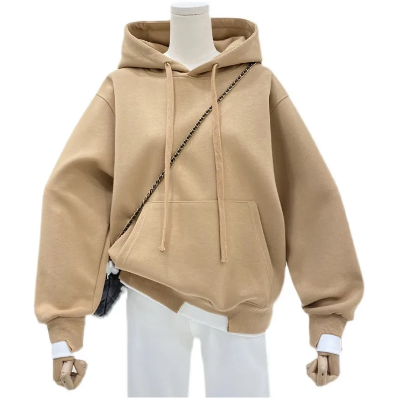 Fresh Light Green Fake Two Piece Sweatshirt 2024 Spring Ladies Thin Irregular Cuff Split Design Hooded Pullover Casual Loose Top