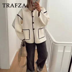 TRAFZA 2023 Autumn Casual Women Coats O Neck Straight Single Breasted Oversized Jackets Winter Patchwork Elegant Female Outwears