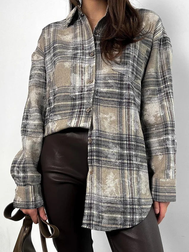 

Women's Plaid Patchwork Lapel Long Sve irt Casual Sle Traditional Pattern Splicing Design Button Closure Regular Thi...