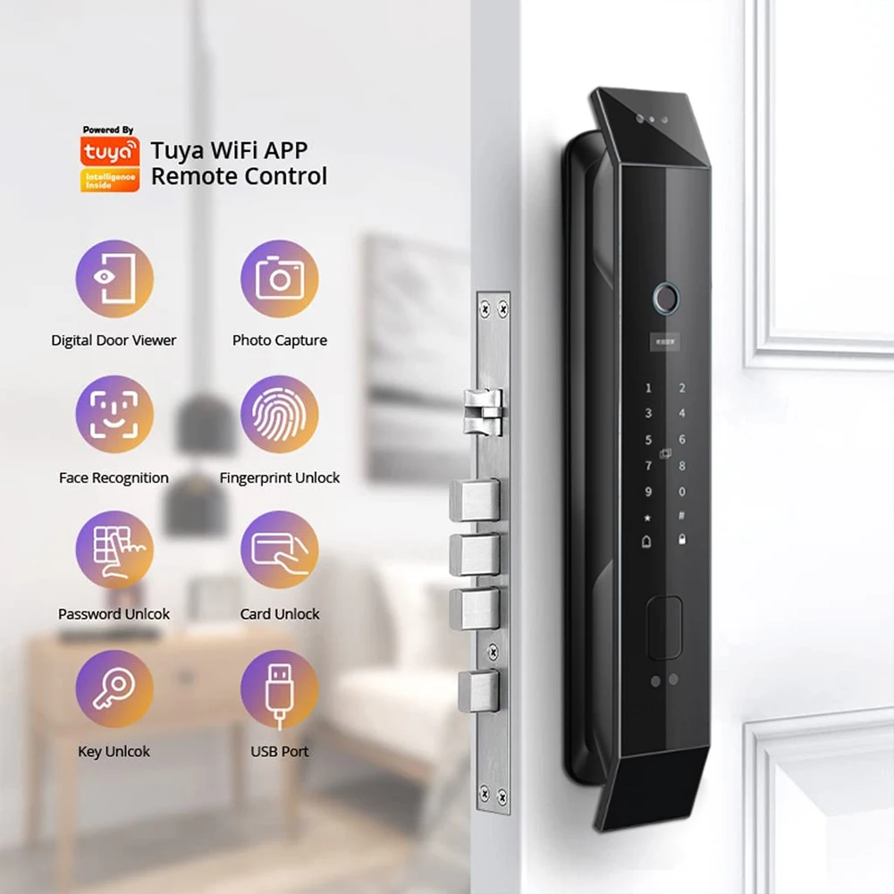 Tuya Smart Door Lock with 3D Face Recognition Fingerprint & Biometric Security Automatic Security Camera WiFi Connected Key Type