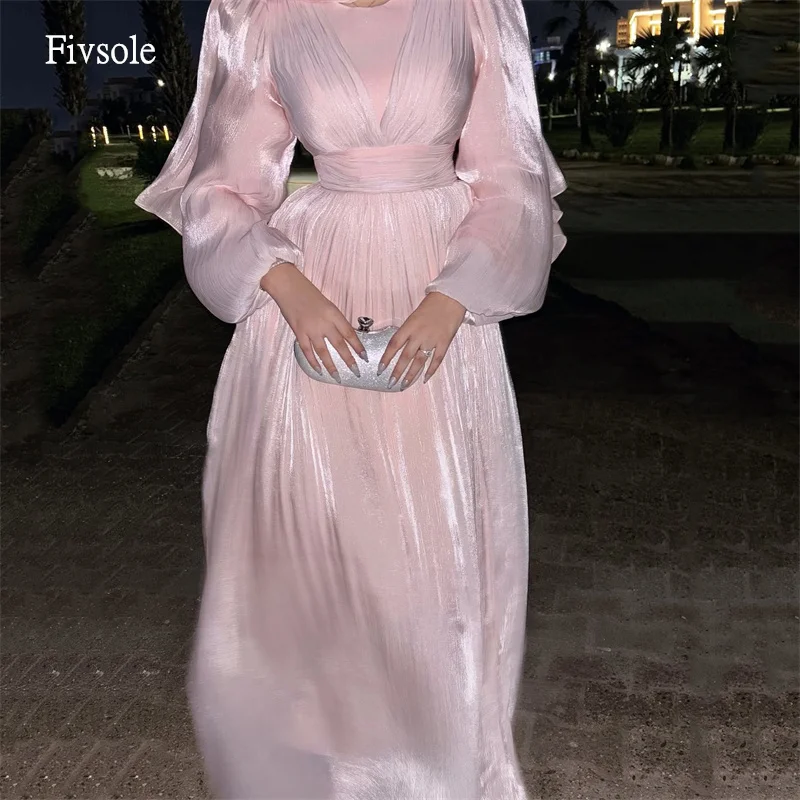 

Fivsole Formal Pink O Neck A Line Prom Gowns Lantern Sleeves Pleated Eid Party Gown Saudi Floor Length Evening Dress Customized