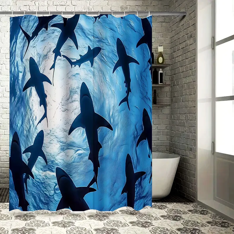 

‌Underwater Shark Silhouette Shower Curtain Blue Ocean Theme Modern Decor ‌Waterproof Fabric Bathroom Curtain with Shark Print
