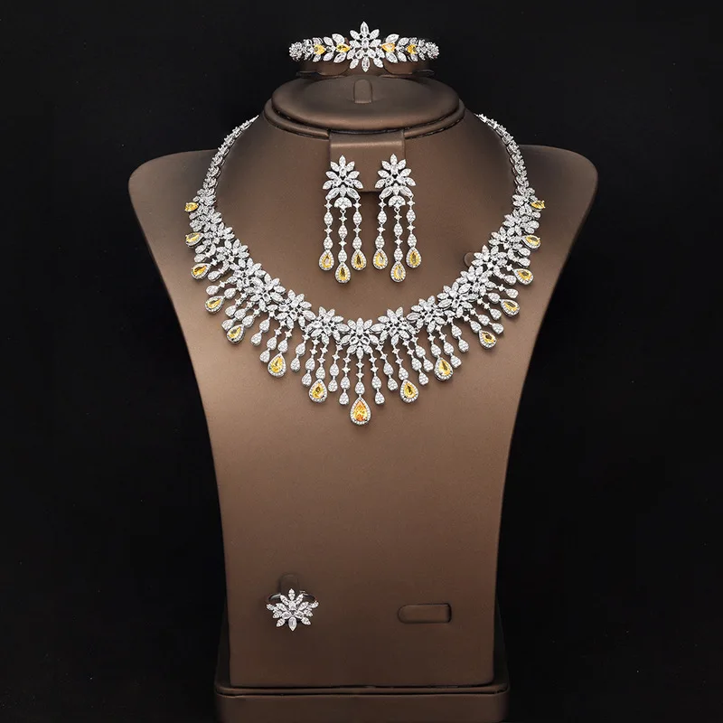 Gold-plated copper jewelry with high-grade yellow zircon in a water drop and flower design for weddings, banquets, and parties,
