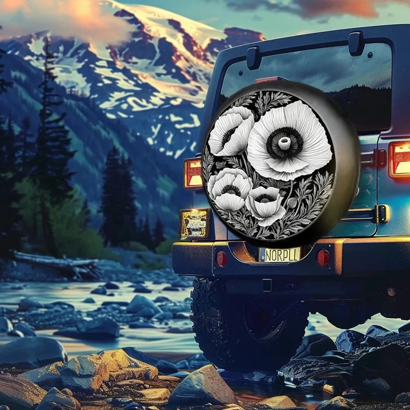 Exquisite Poppy Flower Patterned Tire Covers, Suitable For Off-Road, Business, Travel, And Sports Car Models, Offering Artistic