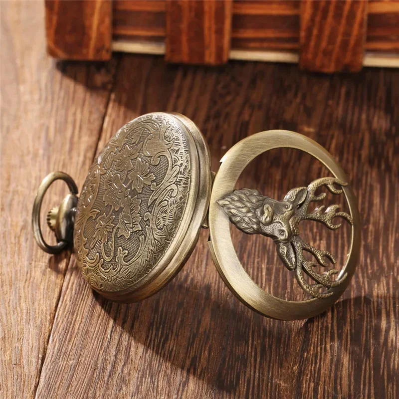 Antique Style Hollow-Out Elk Pocket Watch Bronze Quartz Movement Necklace Chain with Half Hunter Case Roman Number Display reloj