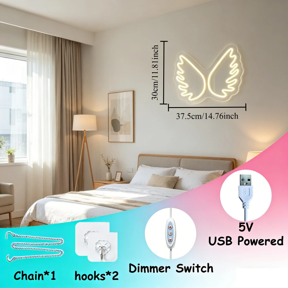 天使の羽ネオンサイン調光可能なUSBウォールライト寝室用吊り - Lighting Room Decor Photo のレビューと価格