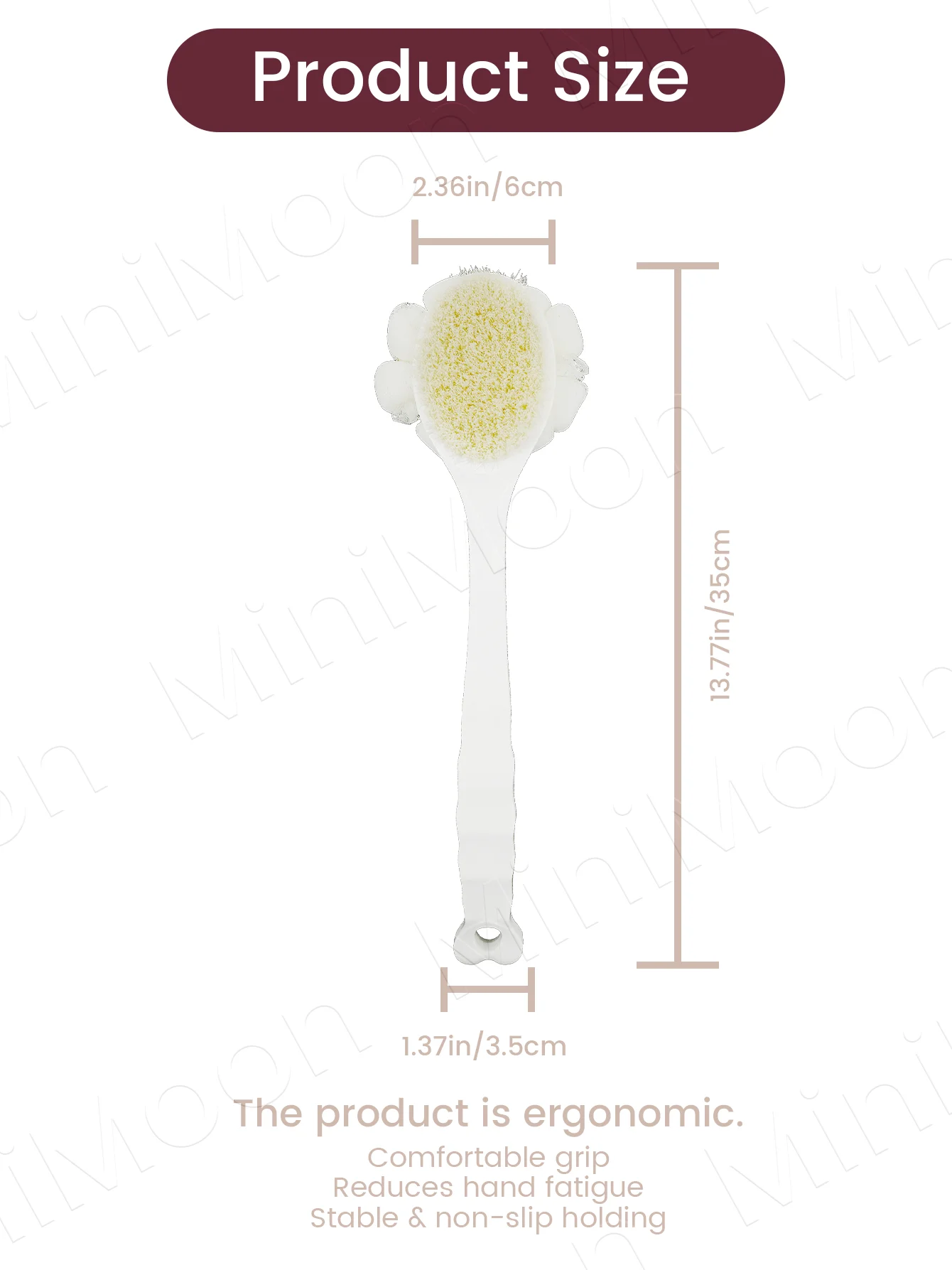 Dual-Sided Bath Brush for Gentle Exfoliation, 2-in-1 Long Handle Back Scrubber with Soft Bristles & Sponge