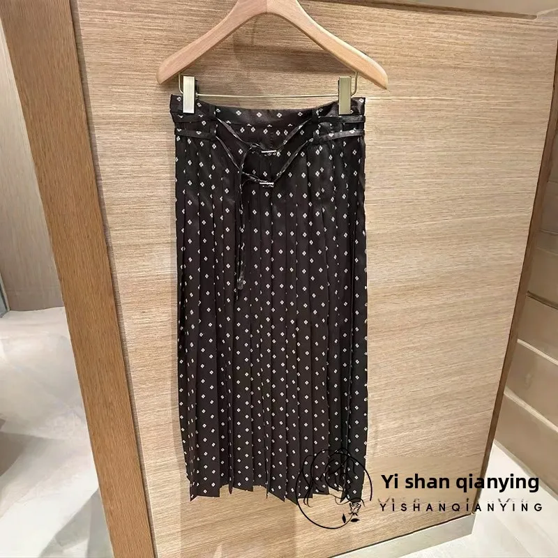 

Faionable Polka Dot Print Long f-length Skirt Women's Ele S-home Autumn Winter New Arrival High Waist Pleated Skirt