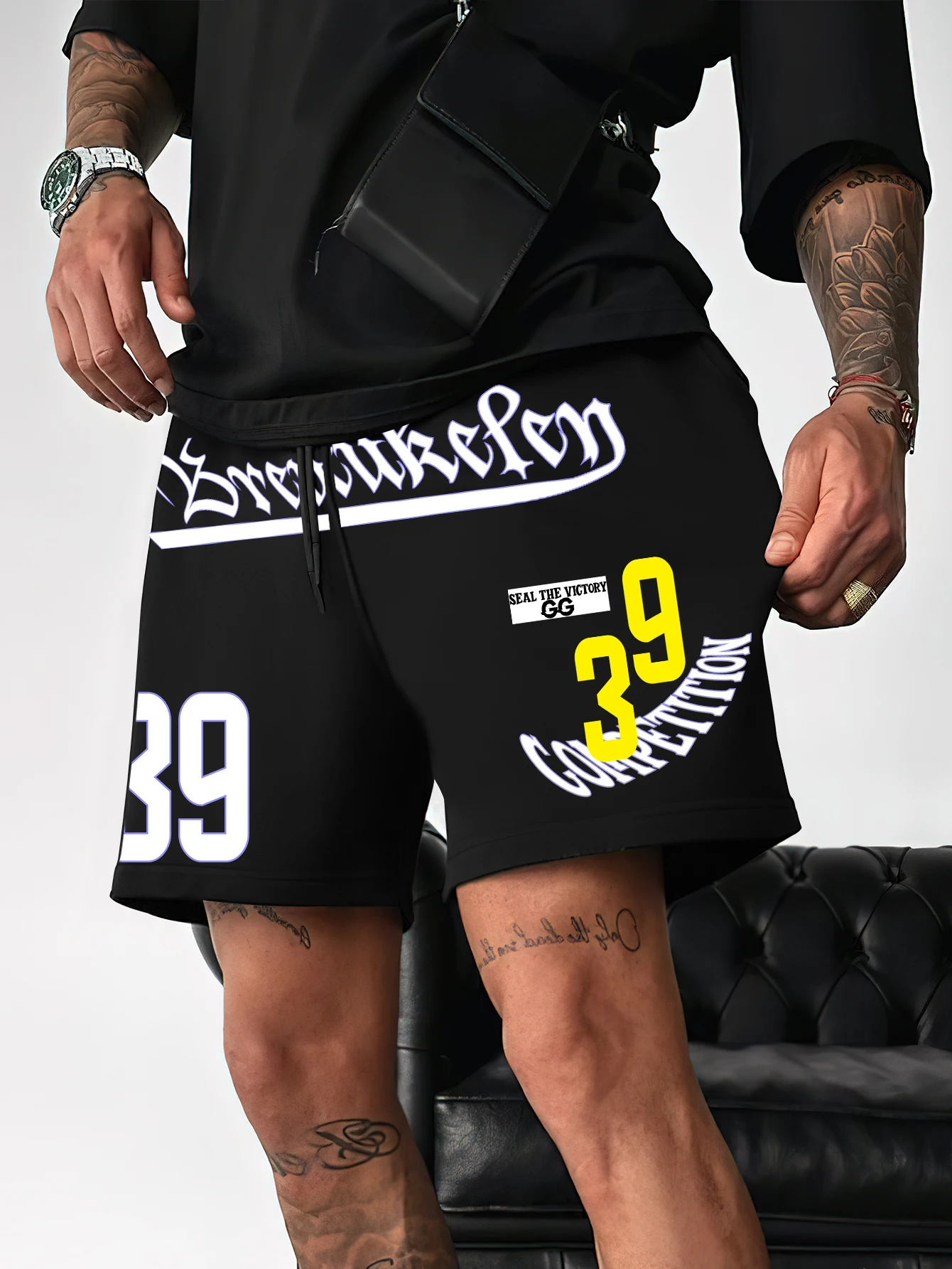 

Men Brooklyn 39 Competition Print Shorts Y2K Streetwear Elastic Waist Drawstring Summer Gym Running Casual Pants