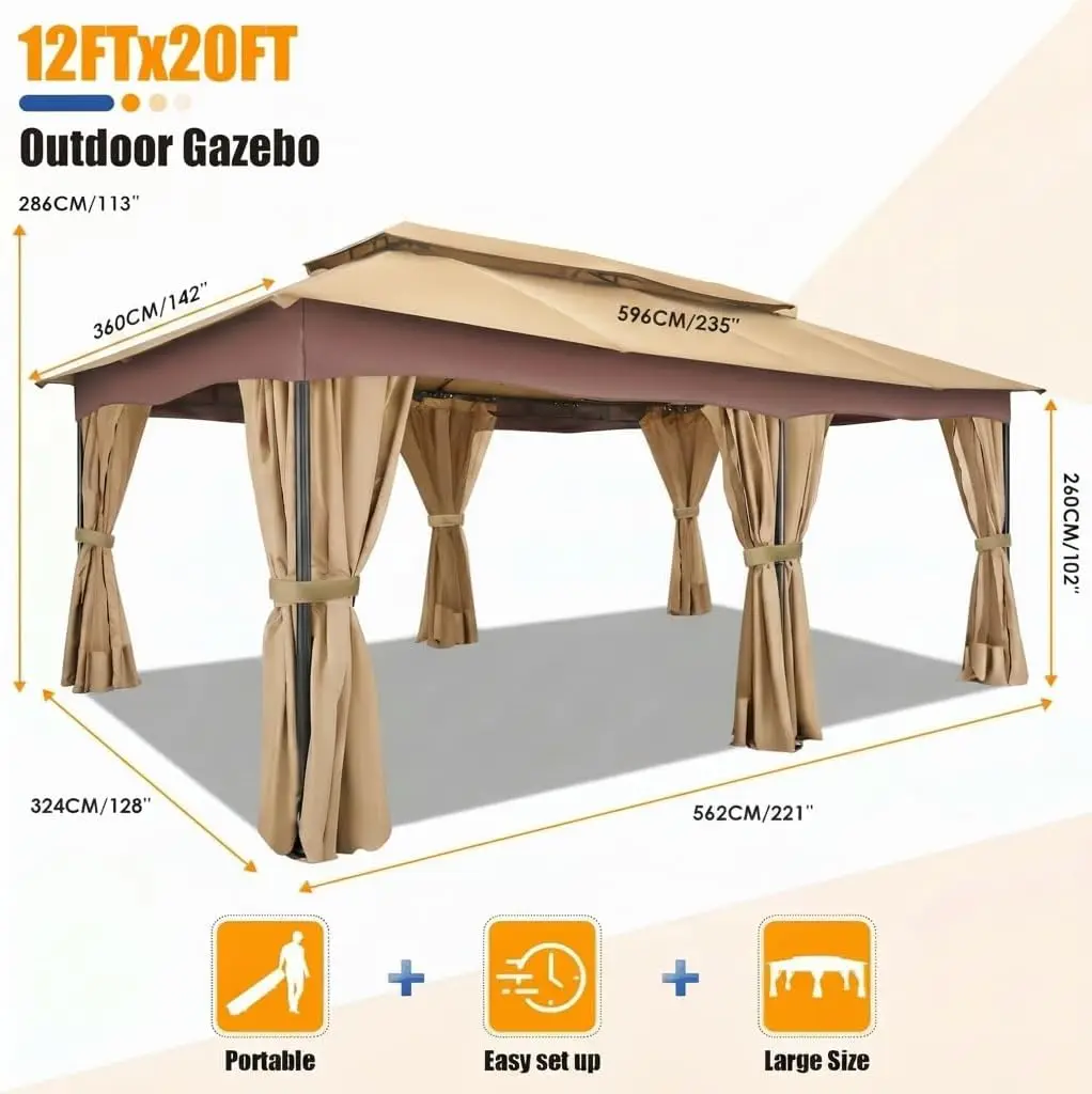12x20 FT Outdoor Gazebo with Curtains, Heavy Duty Soft Top Canopy, Vented Double Roof, Powder-Coated Steel Metal Frame, Large Patio Backyard Deck Garden Pavilion Tent Shade, UV-Resistant Weather-Resistant Gazebo