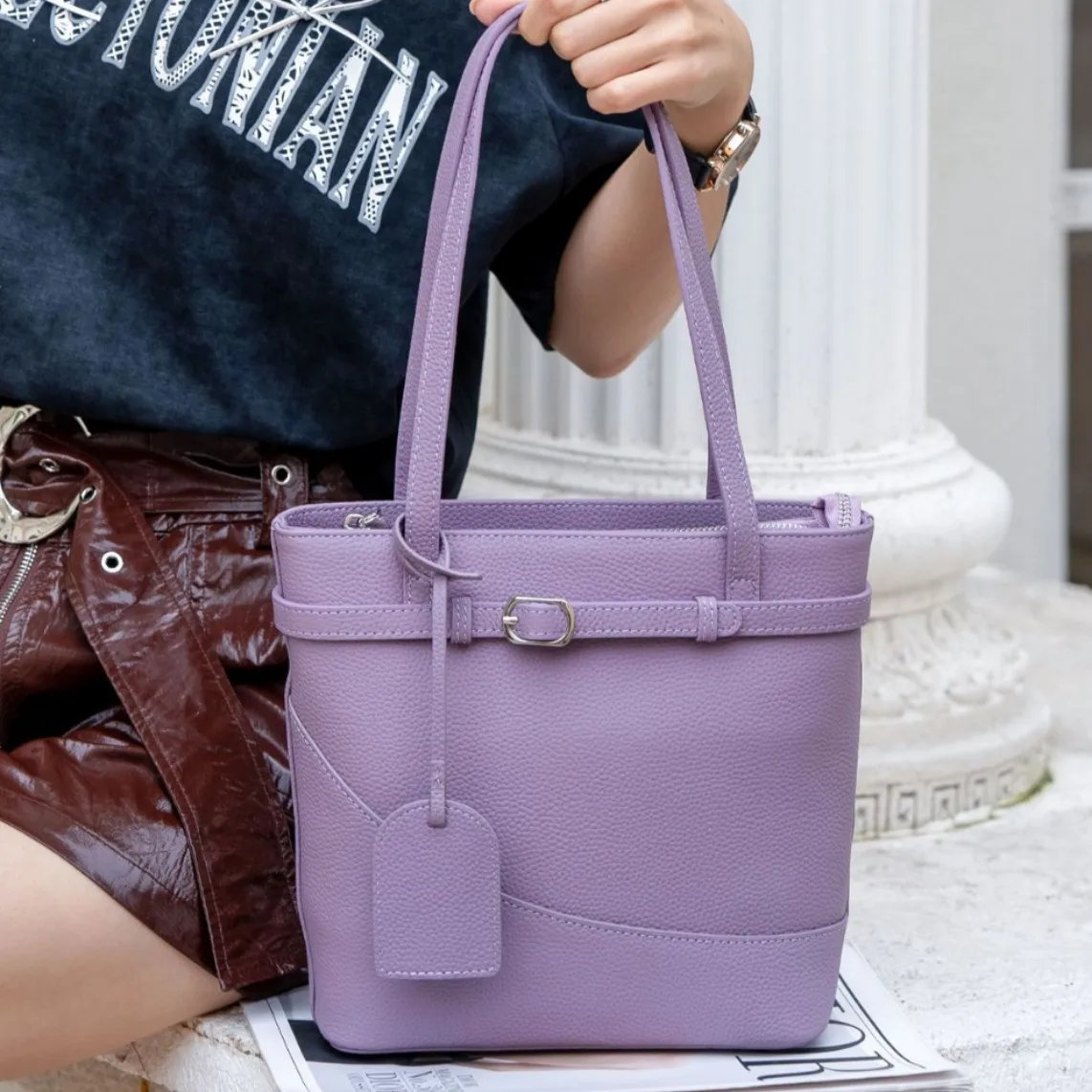 Leather Bucket Bag: Genuine Grain Cowhide Sling Purse for Students | Spacious Soft Crossbody with Key Organizer