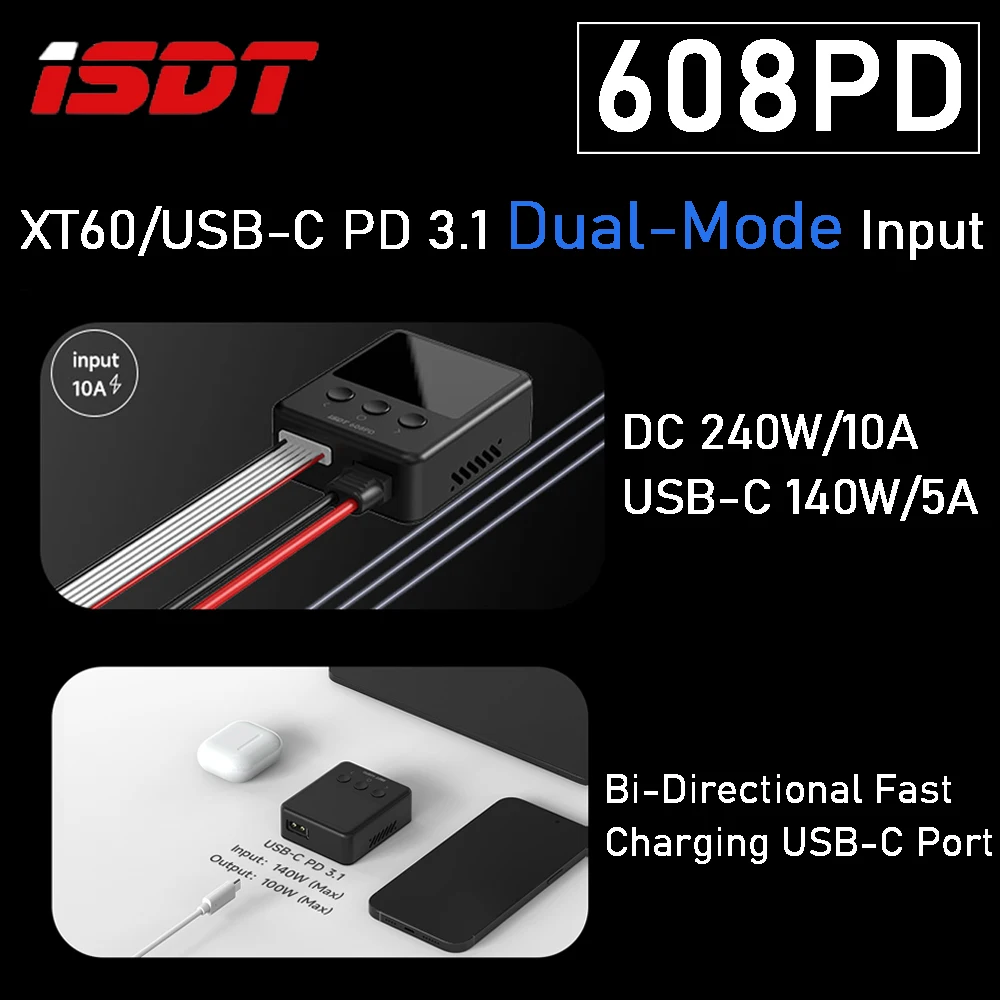 

ISDT 608PD Smart Charger DC 240W / 10A USB-C 140W / 5A 1-6S Lipo Battery Balance Charger with APP Remote Control IPS Screen