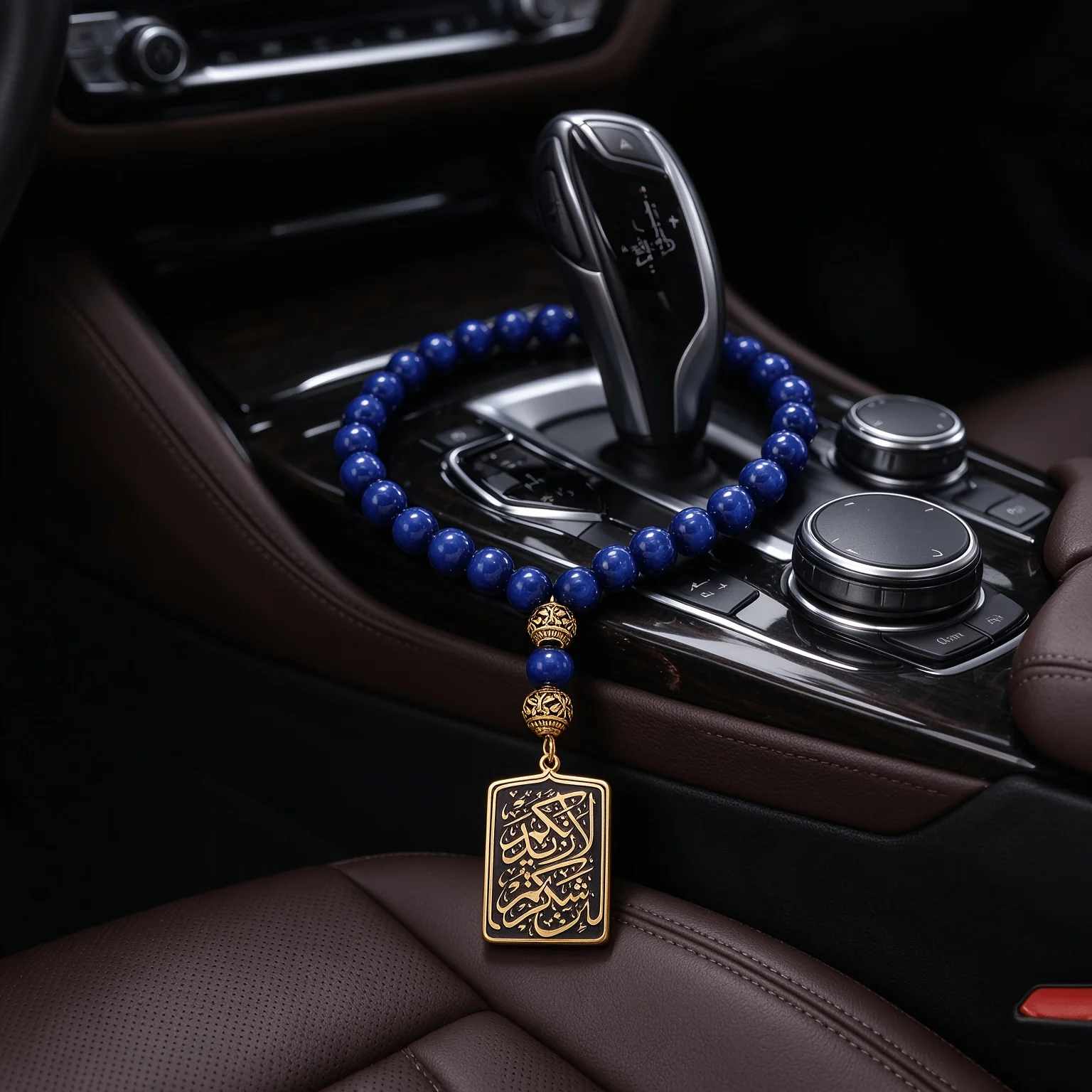 Beaded Car Hanging Ornament, with Engraved Rectangular Tag, Blue Round Beads and Faceted Black Bead Pendant Decoration, Vintage Hollow Metal Spacer Beads, Car Rearview Mirror Pendant, Gold and Silver Dual Color, Car In