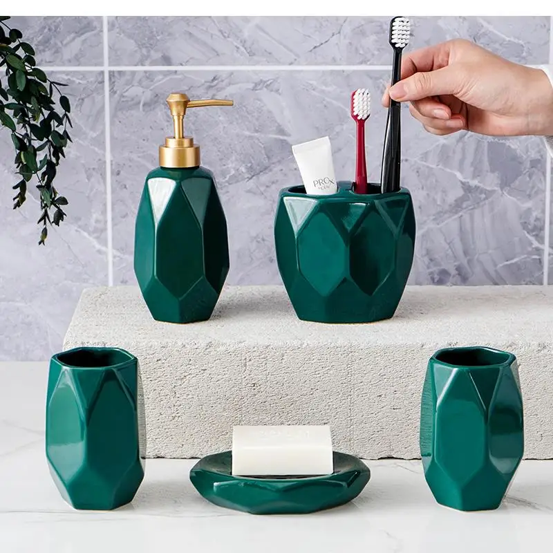 Bathroom Accessories Set, Green Ceramics, Toothbrush Holder, Soap Dispenser, Lotion Bottle, Box, Toothpaste Dispenser