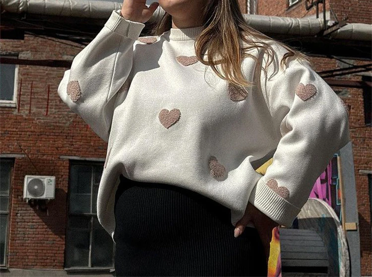 Cute Jumpers Women Heart Pink Fall Winter Spring Sweaters Long Sleeve Sweater Jumpers Elegant Streetwear Y2k Tops Short Jumper