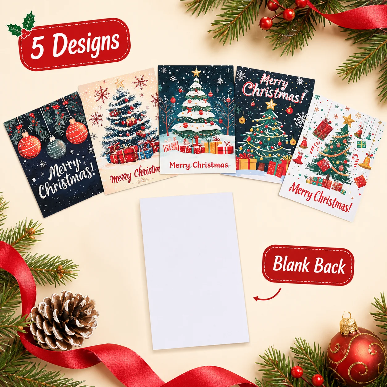 10PCS Christmas Tree Greeting Cards Set 5 Unique Pattrn Designs Blank Back Vibrant Printed Holiday Card Pack Gift For Friends