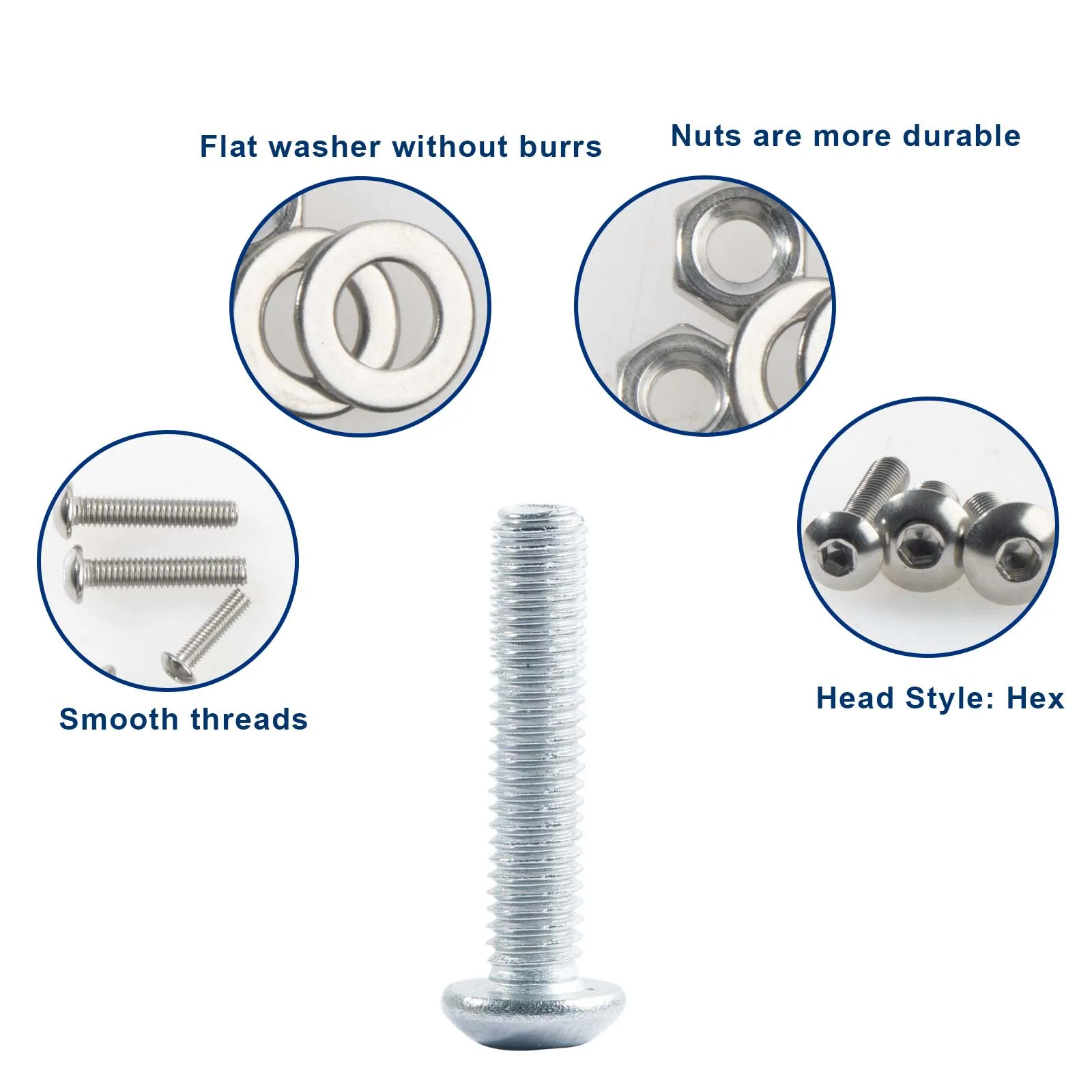 M2M3M4M5 304 Stainless Steel Round Headed Socket Head Bolts Assortment Kit,Bolts Flat Washers Nuts Set With Hex Wrenches