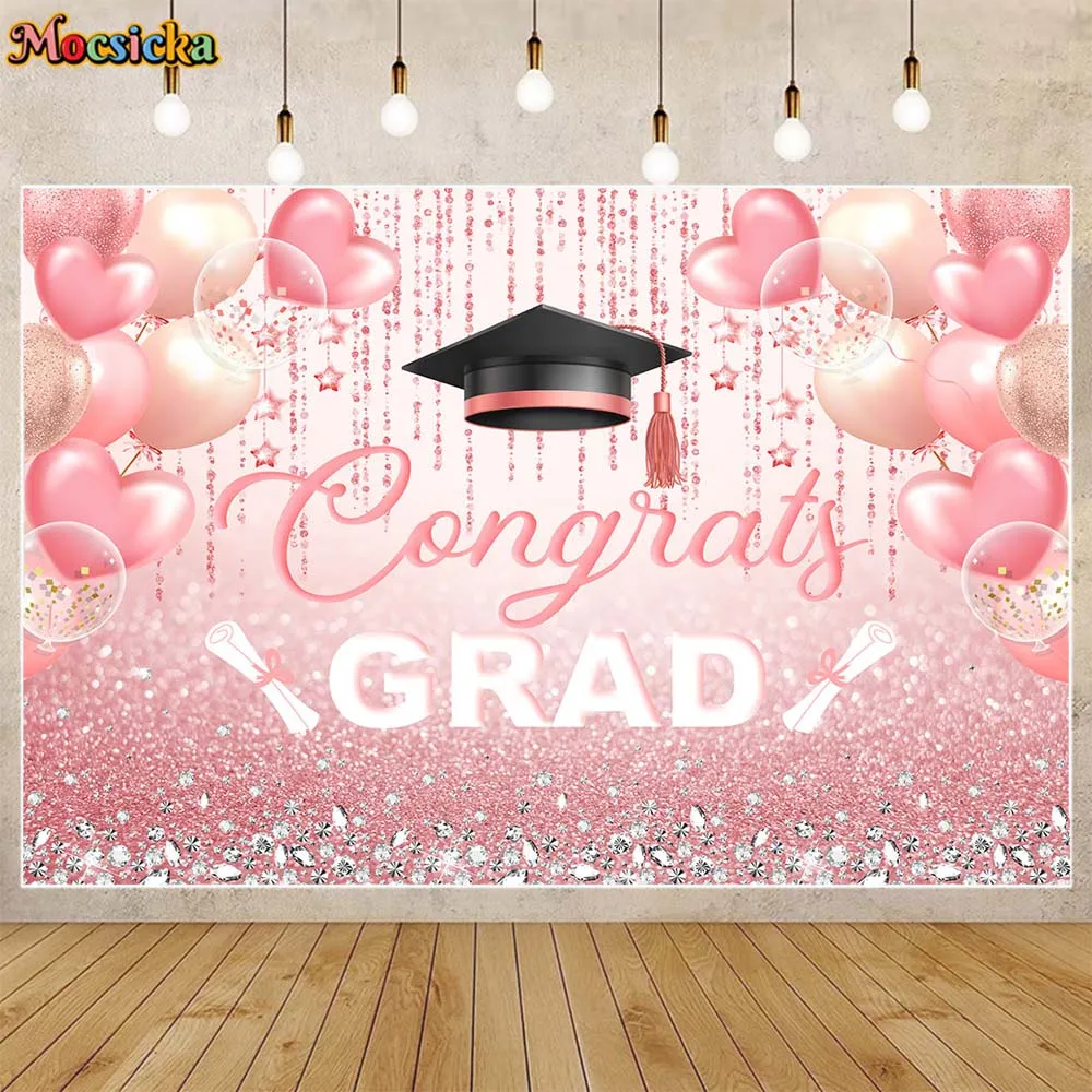 

Mocsicka Congrats Grad Photo Background Pink Tassel Balloons Girl Graduation Party Decor Backdrop Graduates Portrait Shoot Props