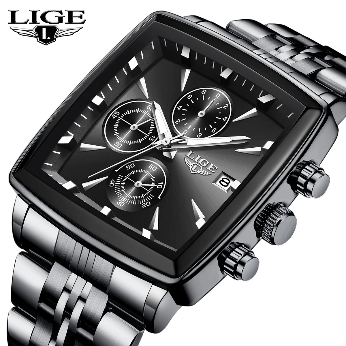 

LIGE квадратные мужские часы деловые водонепроницаемые светящиеся спортивные кварцевые часы с ремешком из нержавеющей стали календарь Relogios Masculino + коробка