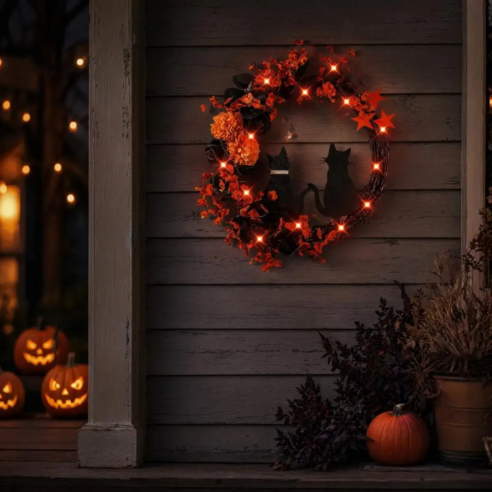 Halloween Floral Hanging Decoration Halloween Floral Garland with String Lights Black Cat Silhouette Wreath for Front for Door