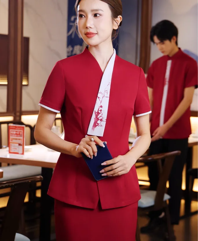 

Female Summer Short sleeved Meal Service Employee Clothing Restaurant Front Hall Cashier Work Dress Set