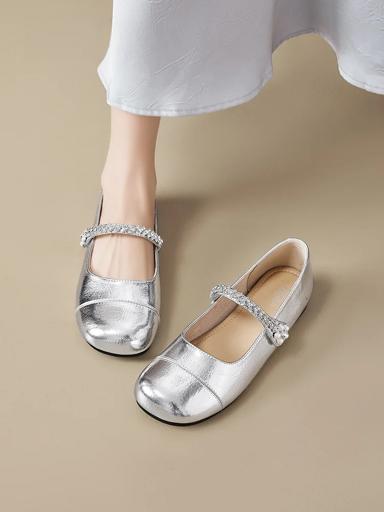 Silver Mary Jane Single Shoes Women's Summer New Soft Bottom Not Tired Ballet Small Leather Loafers Sandals Casual Style