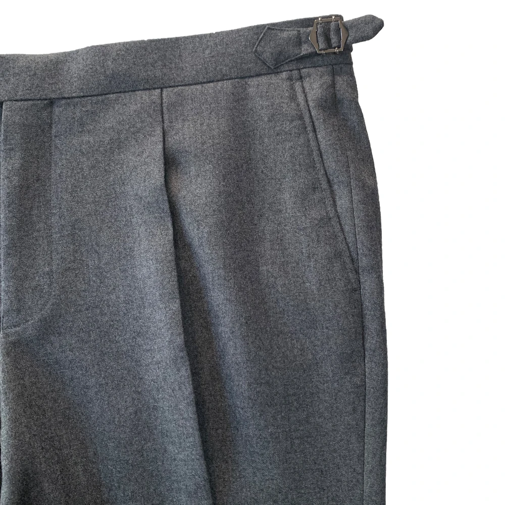 

Модные люксовые фланелевые брюки 2026 года, 100% шерсть, средний серый цвет, индивидуальный пошив, деловые брюки на заказ, с боковой регулировкой посадки