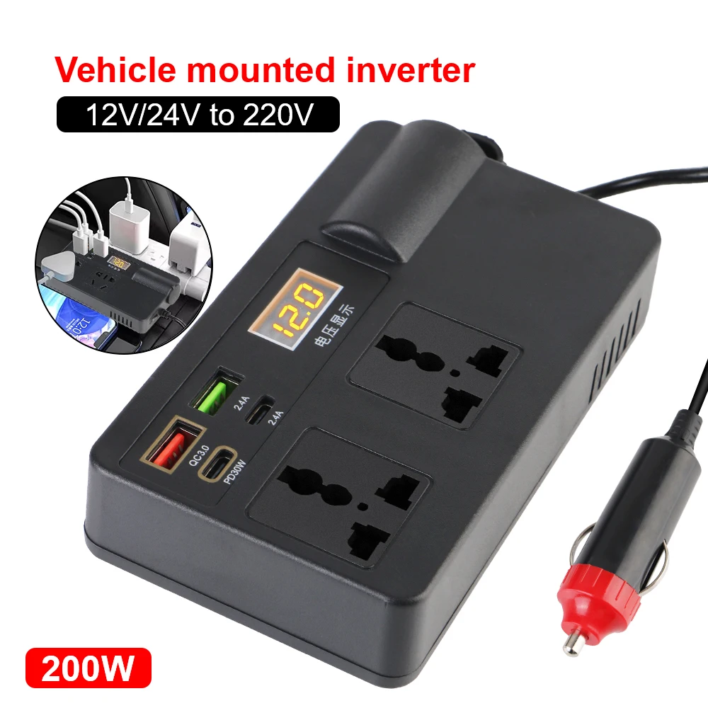 

DC 12V/24V to AC 220V Converter Car Inverter 200W Voltage Detection QC 3.0 Power Adapter USB/PD/Type-C Chargers ON/OFF Switch