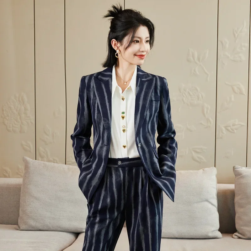 Pop Fashion Autumn Winter Ladies Pant Suit Women Striped Female Business Work Wear Jacket Blazer And Trouser Formal 2 Piece Set
