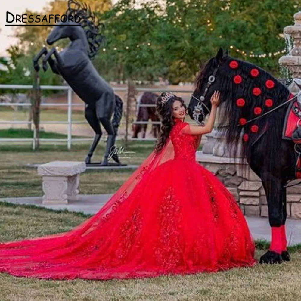 

Red Off The Shoulder Quinceanera Dress With Cape Princess Beaded 3D Flowers Ball Gown Pageant Birthday Party Sweet 16 15