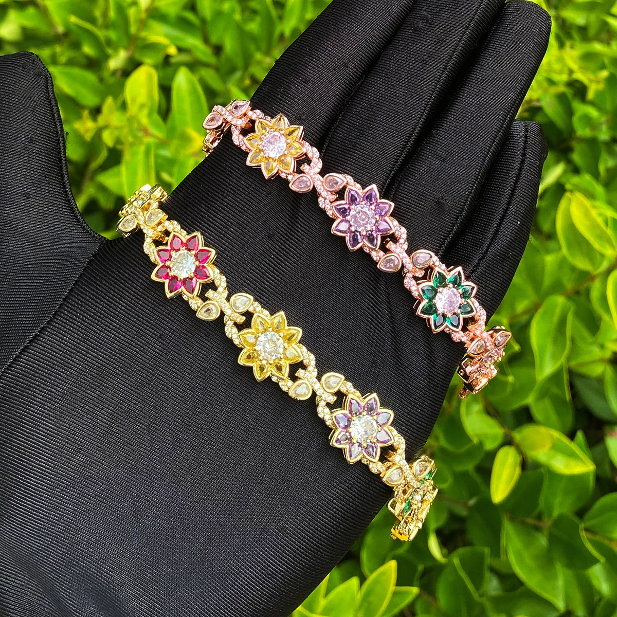 10-Bubble Letter Iced Out Colorful Flower leaves Bracelet for Women Prong Setting Real Gold Plated Hip Hop Jewelry