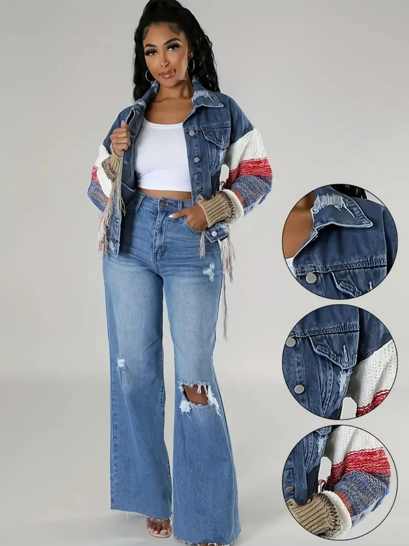 سترة نسائية كاجوال ممزقة من قماش الدنيم مع هامش، سترة خفيفة وعصرية من قماش الدنيم المرقعة