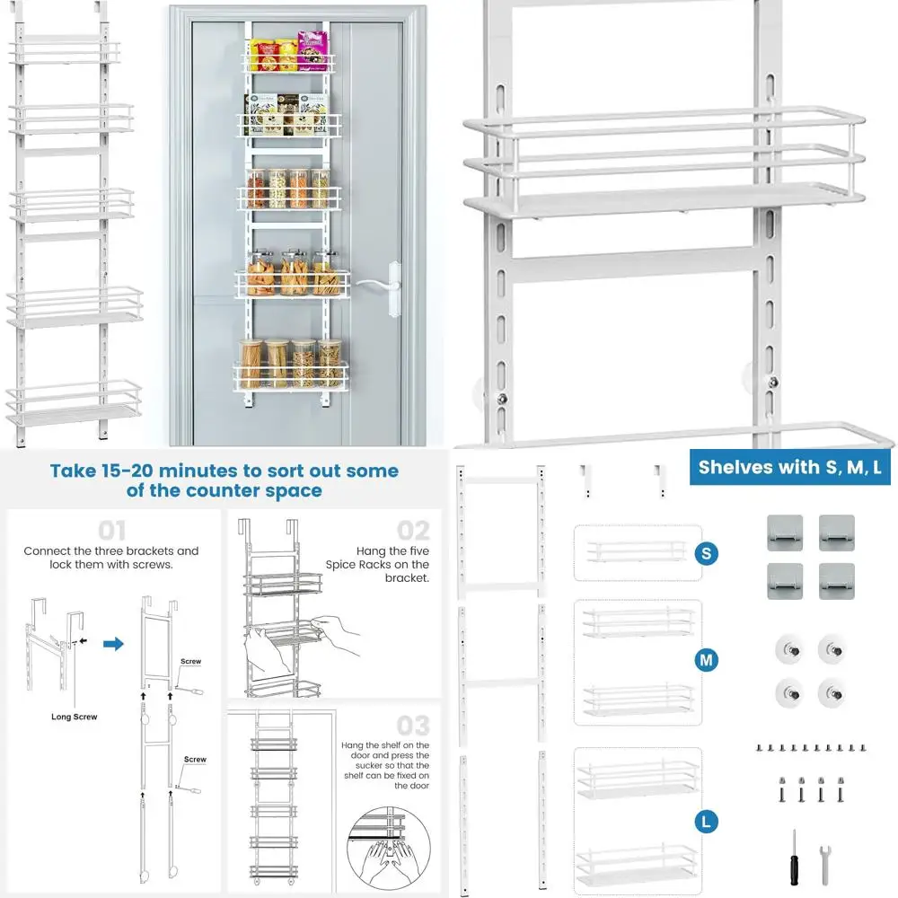 

5-Tier Door-Mounted Pantry Organizer, Compact Spice Rack, White Kitchen Storage Shelf