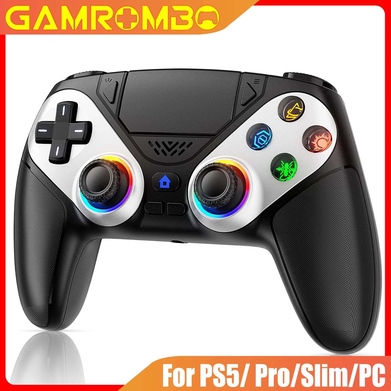 

GAMROMBO Game Controller for PS5/Playstion 5 Pro/Slim/PC Gamepads Wireless RGB Dual Vibration Marco/Turbo Funcs 3.5mm Audio Jack
