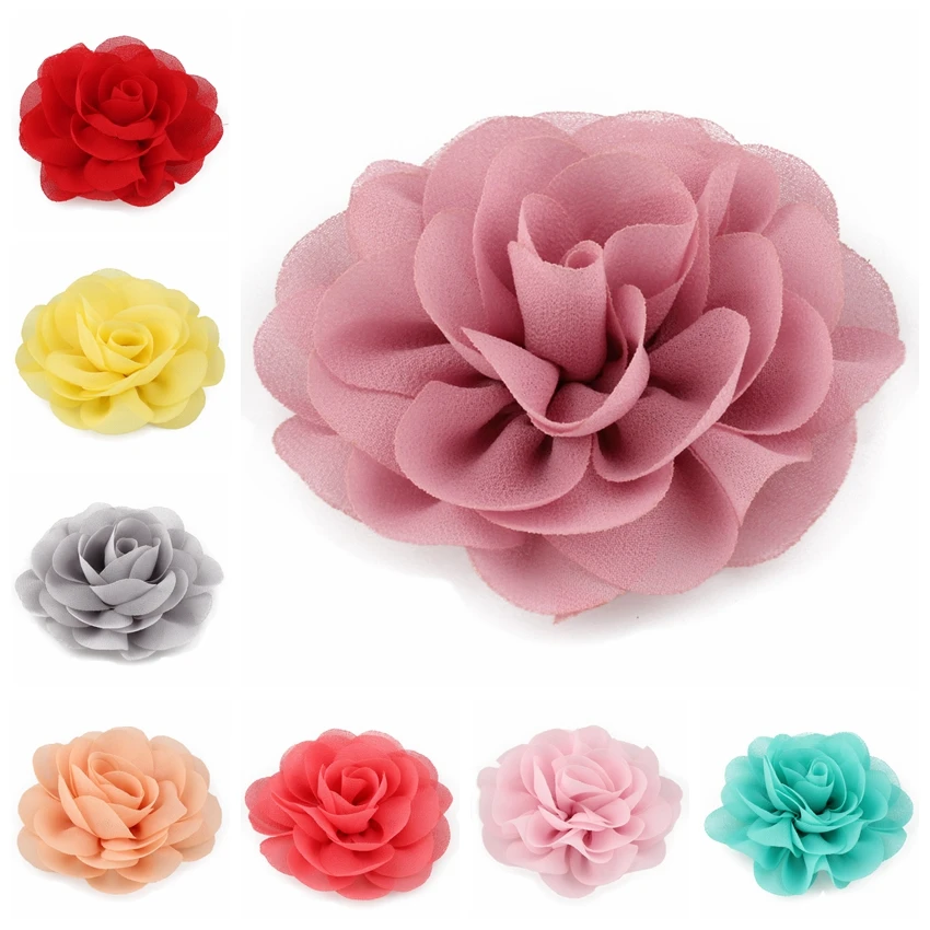 10PC 20 colors 8.5cm 2024 Rolled Rose Fabric Hair Flowers for Kids Girls Hair Accessories Chiffon Petals Poppy Flower Hair Clips