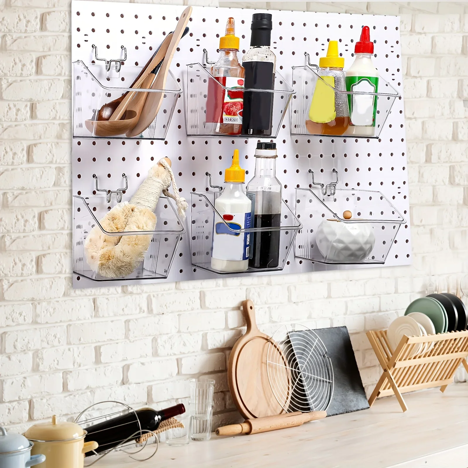 

KEEHOME 6pcs Clear Plastic Pegboard Bins with Hooks Wall-Mounted Multi-Purpose Storage Containers for School Office Garage Workshop