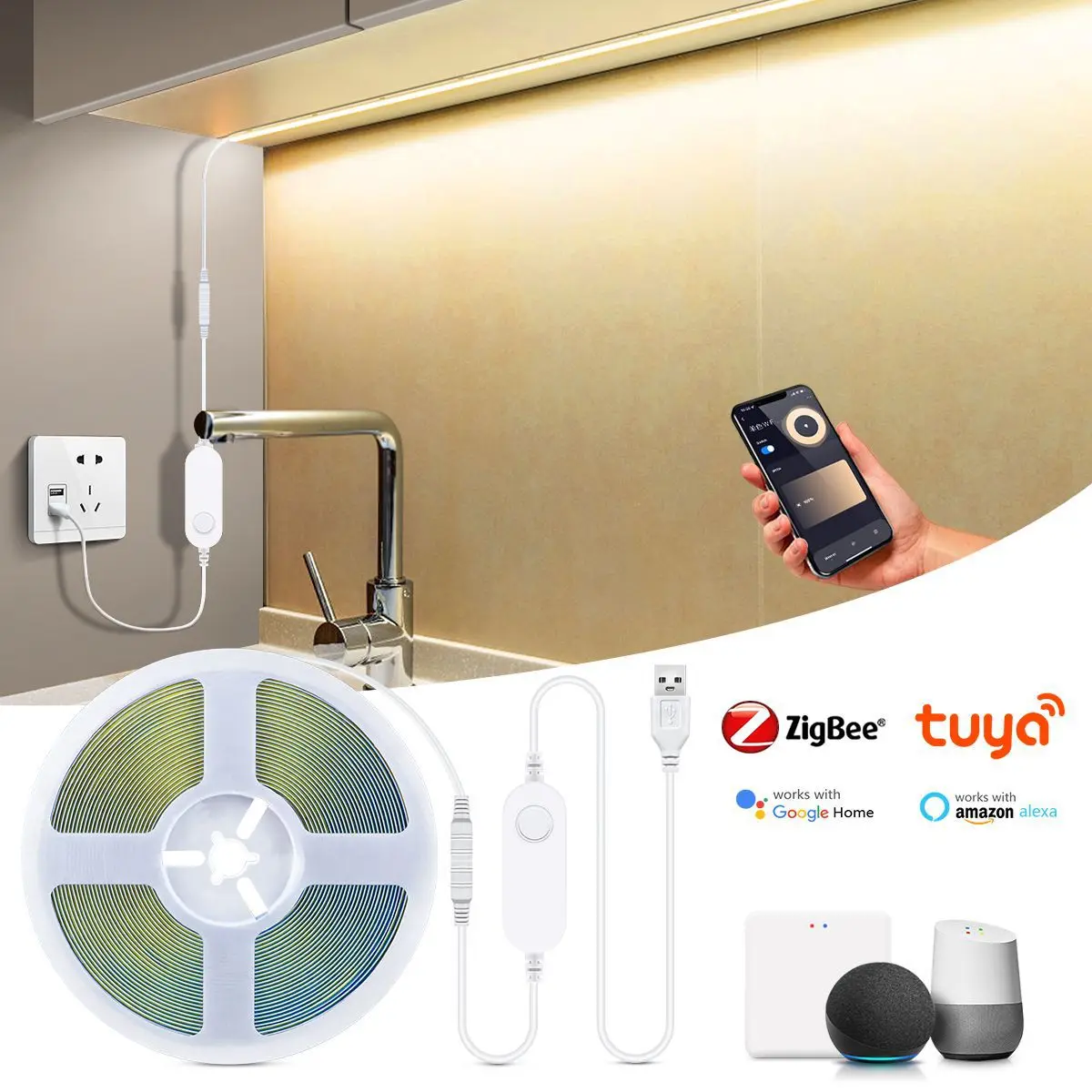 5V USB Zigbee Tuya Wifi LED Strip Set Zigbee3.0 Controller 320LEDs/M COB LED Strip Light Smart Life APP Control for Alexa Google
