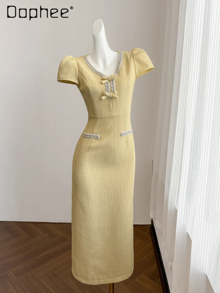 

Yellow Retro Tweed Short-sleeved Dress Women Summer Heavy Industry Beaded High-end Evening Dresses Temperament Socialite Dress