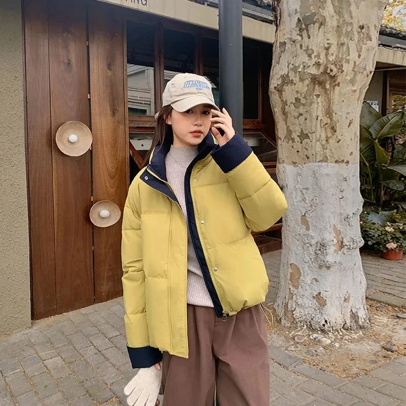 

2025 New Down Cotton-padded Jacket Women's Short Stand Collar Loose Contrast Thick Loose Warm Bread Clothing Korean Parkas Coats